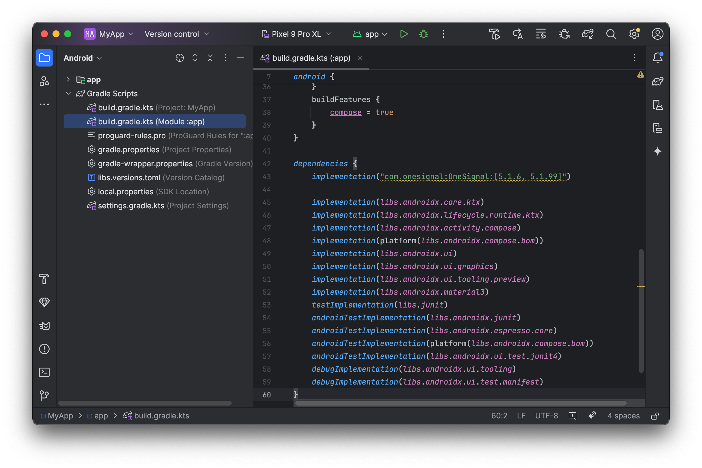 build.gradle file with OneSignal dependency added 