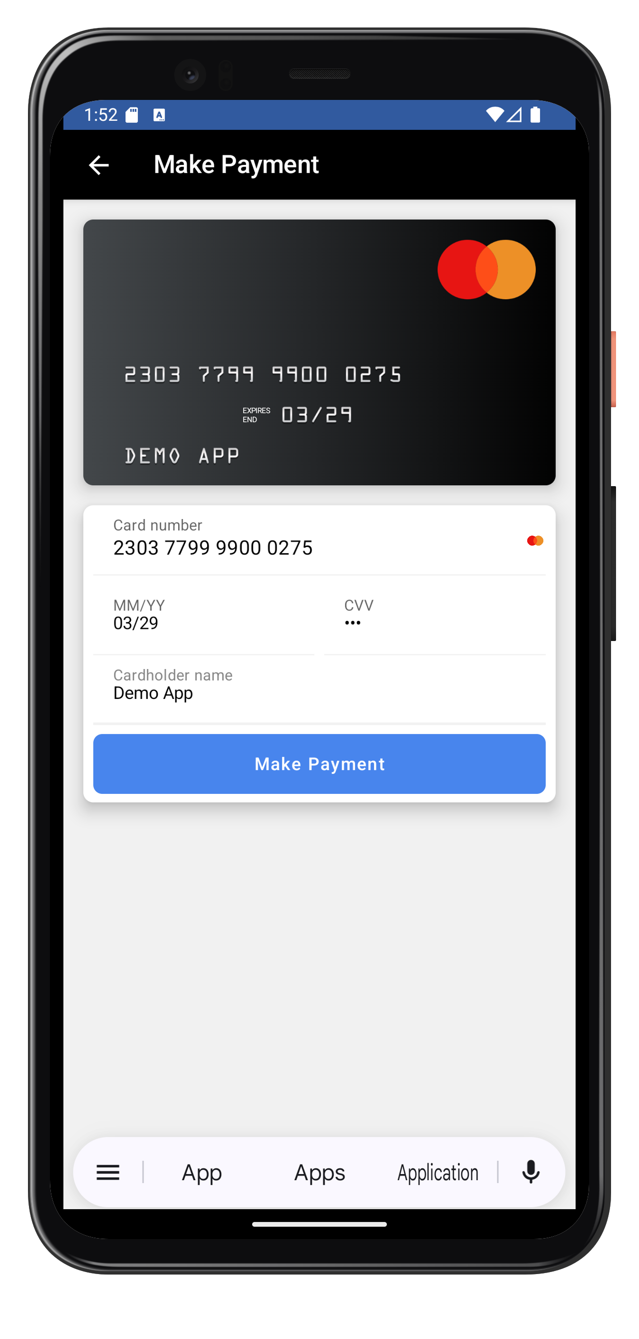 Provide the test card details on the card details screne. Grab a card from the test cards section, and use any name, expiry date, and CVV.