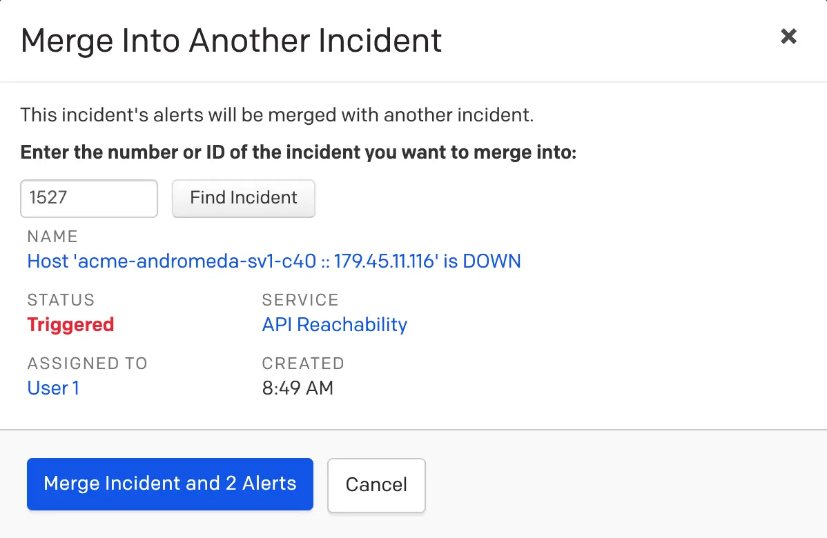 Merge incidents on the details page A screenshot of the PagerDuty web app showing how merge incidents on the details page