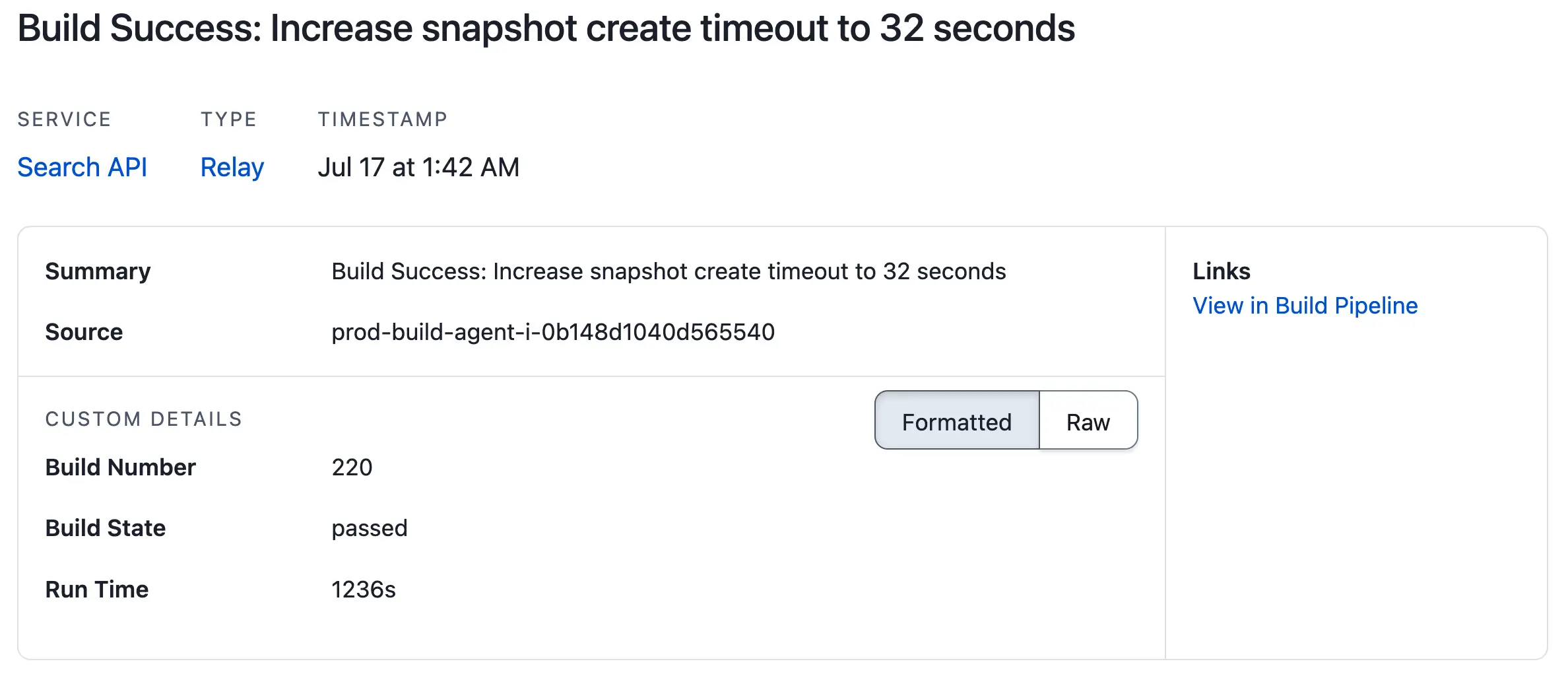 A screenshot of the PagerDuty web app showing a change event's details