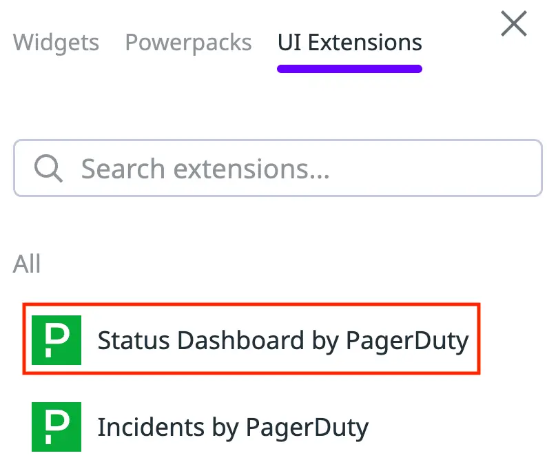 A screenshot of the Datadog UI highlighting the Status Dashboard by PagerDuty widget