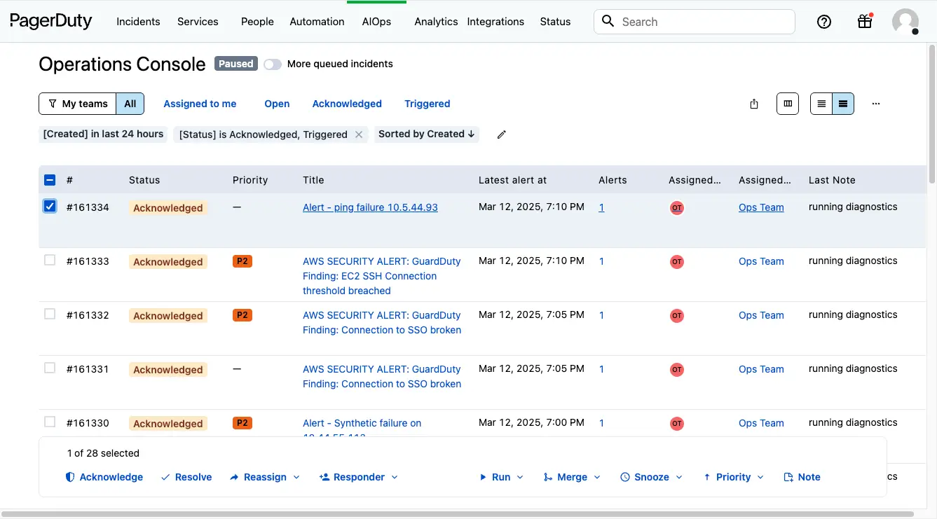 A screenshot of the PagerDuty web app detailing the various actions users can take on incidents in the Operations Console