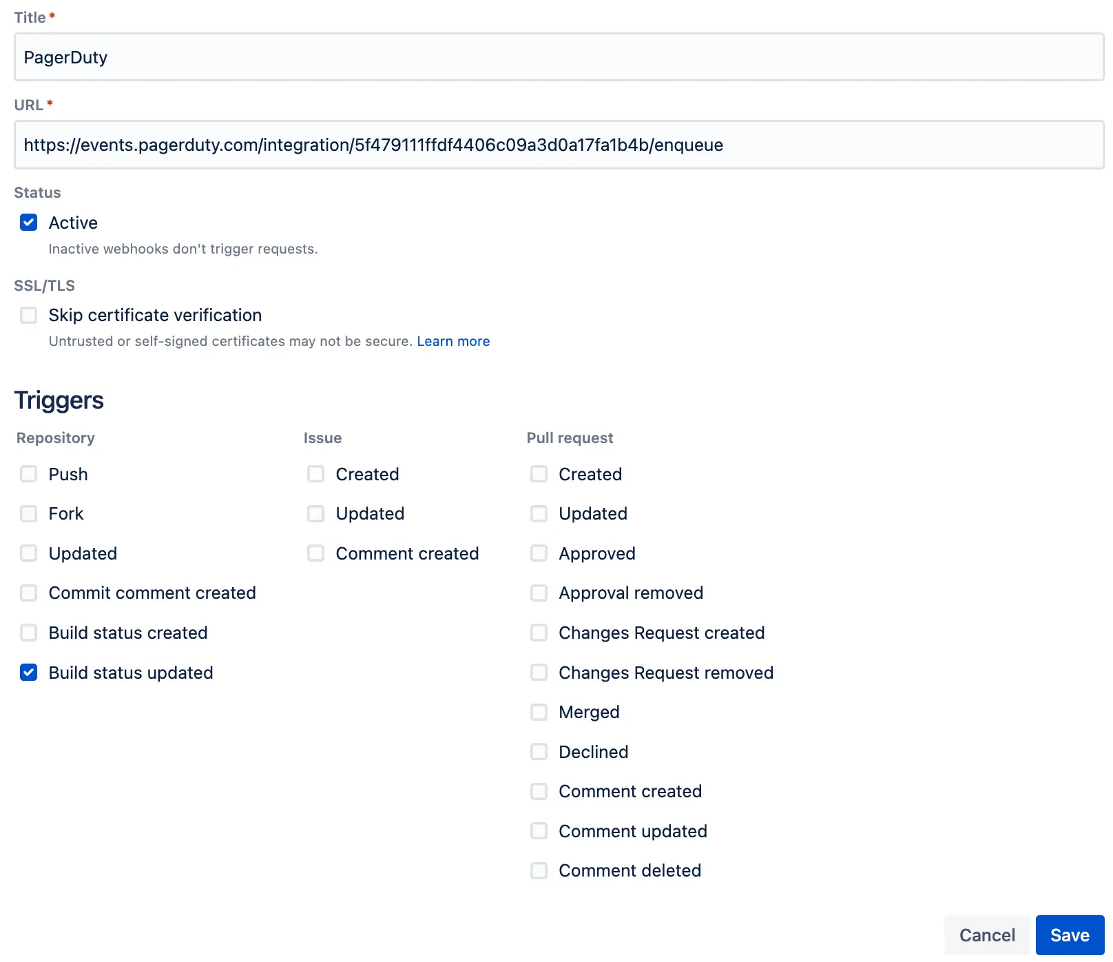 Configure webhook A screenshot of the Bitbucket UI showing how to configure a webhook