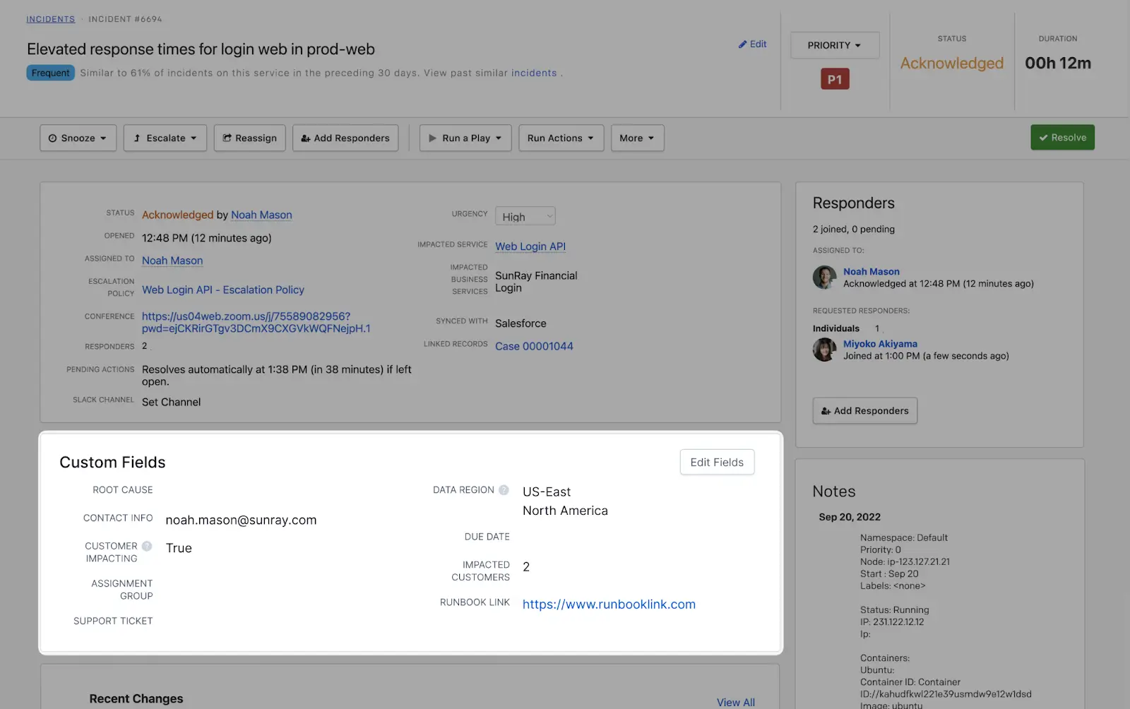 A screenshot of the PagerDuty web app showing custom fields