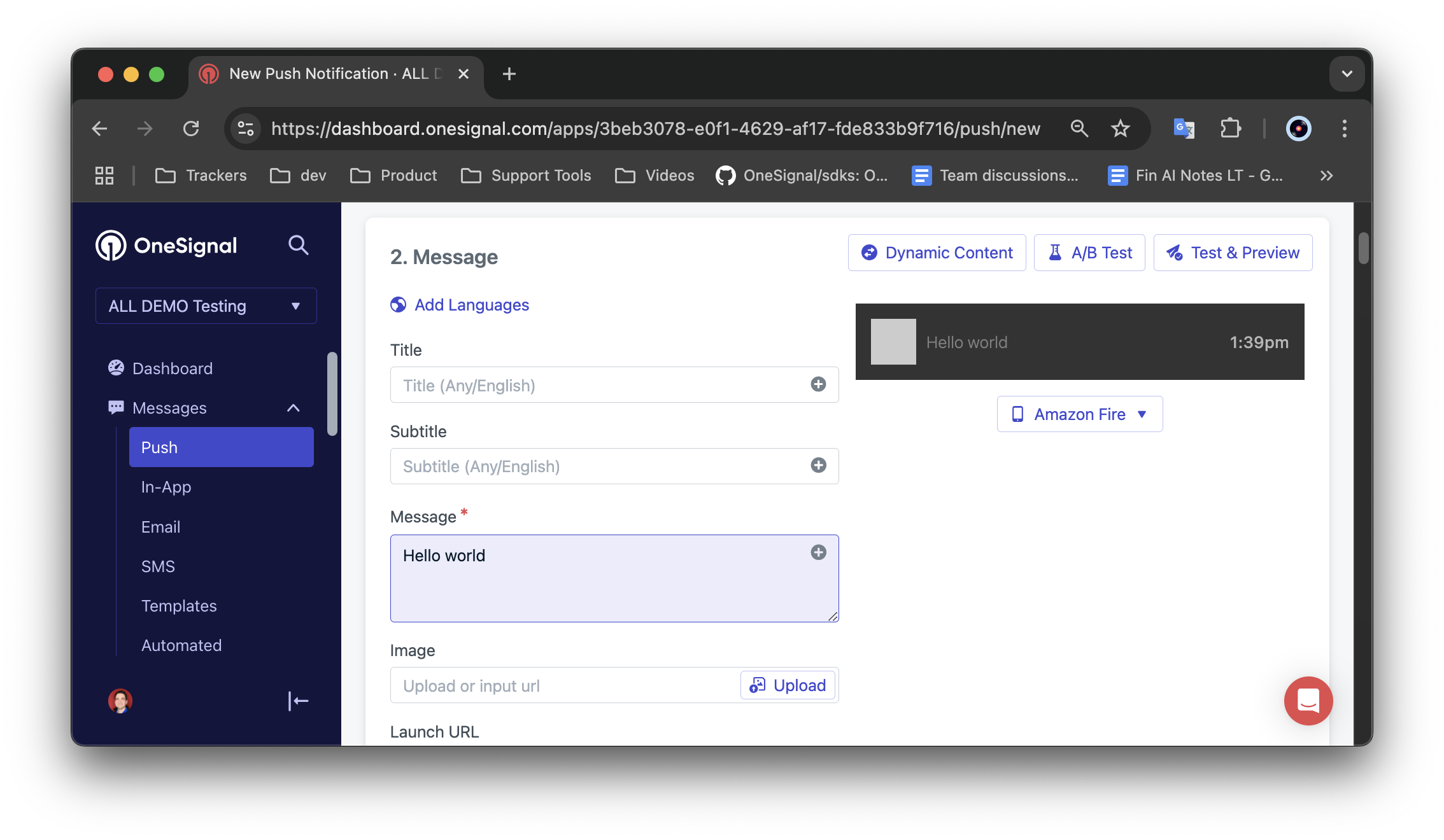 Create a new push to send to your test subscription.
