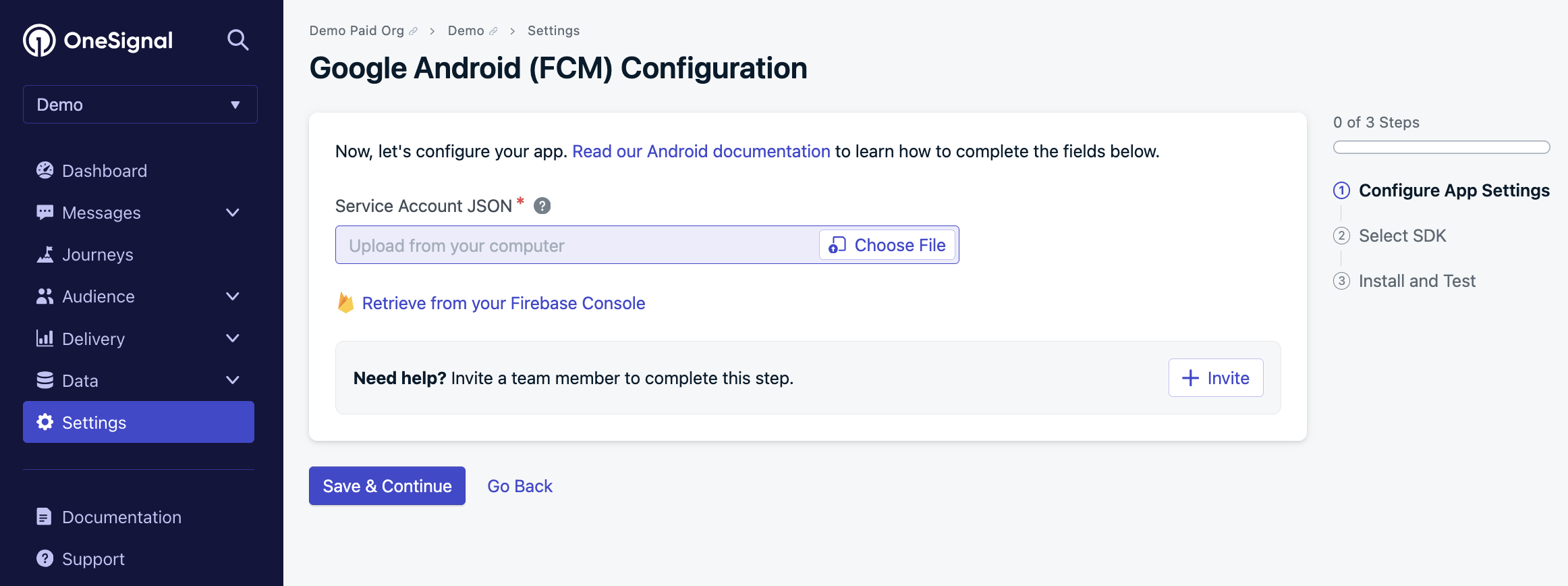 FCM configuration screen 