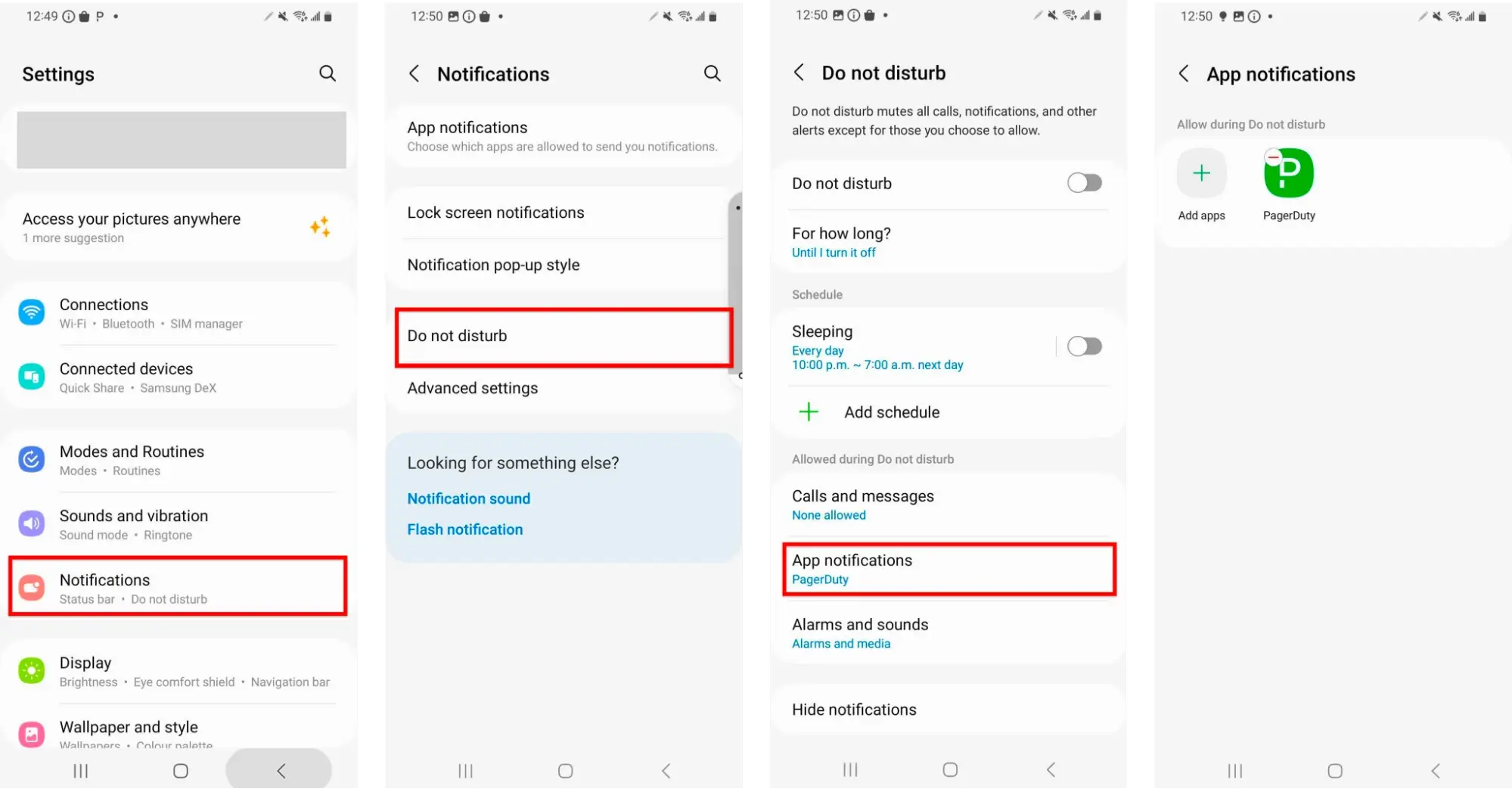 A series of Android mobile app screenshot showing how to manually configure override do not disturb