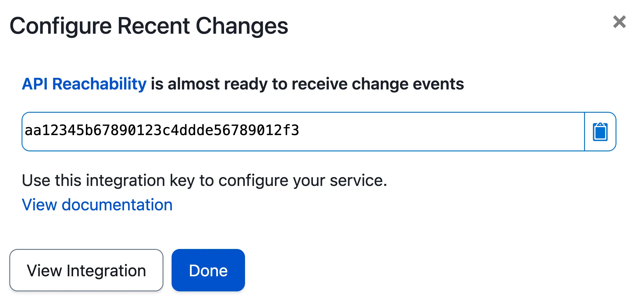 A screenshot of the PagerDuty web app showing a change events integration key and links to documentation