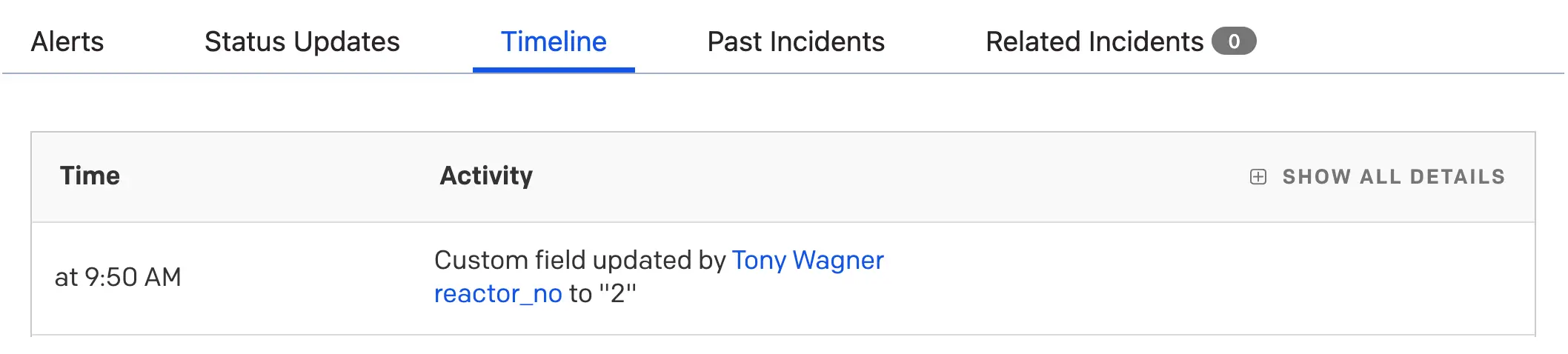 A screenshot of the PagerDuty web app showing a custom field in the incident timeline