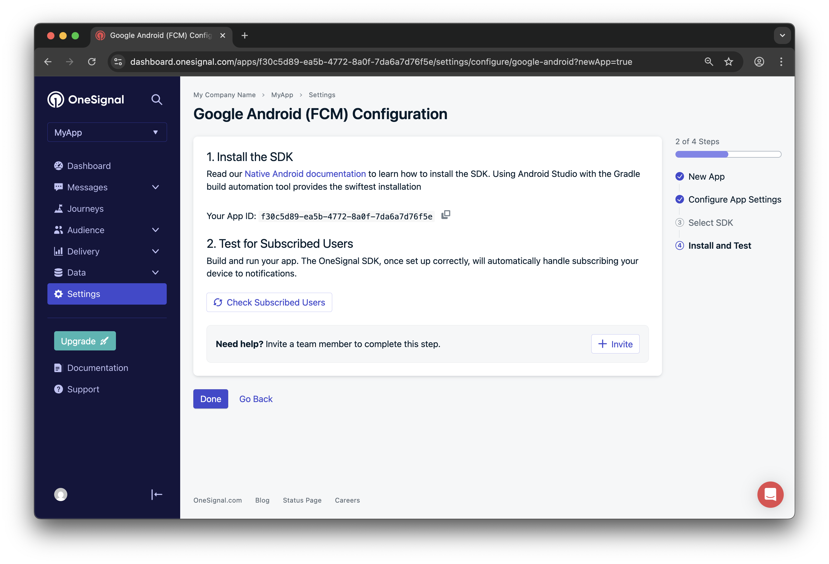 Save your App ID for SDK setup and invite any more team members.