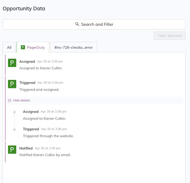 A screenshot of the Jeli web app showing example Opportunity data