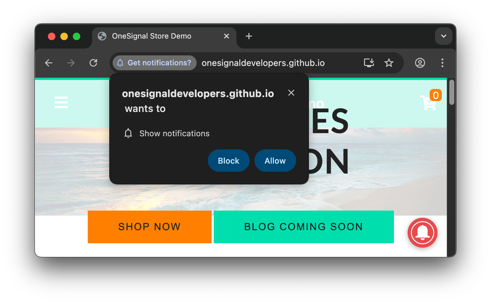 Example of the Chrome required system-level permission prompt that you must click "Allow" on to receive push notifications for this site.