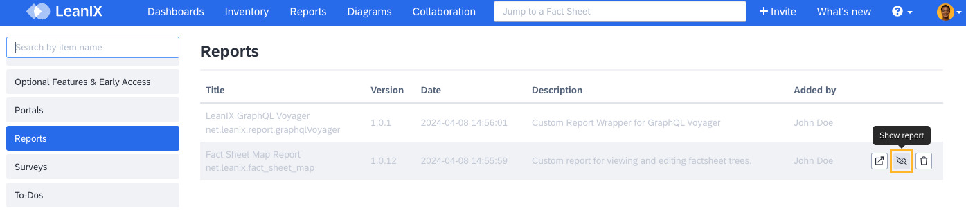 Selecting the "Show Report" Option on a Report Downloaded from the SAP LeanIX Store 