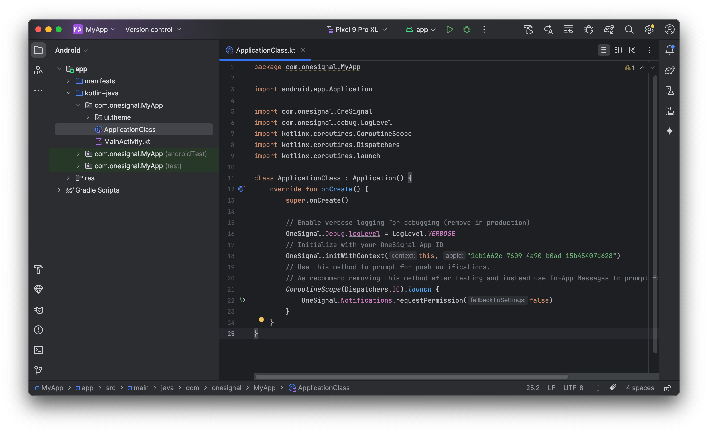 ApplicationClass.kt file with OneSignal dependancies and initialization code added