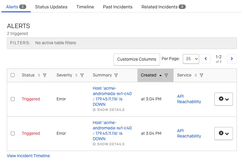Merged alerts A screenshot of the PagerDuty web app showing merged alerts