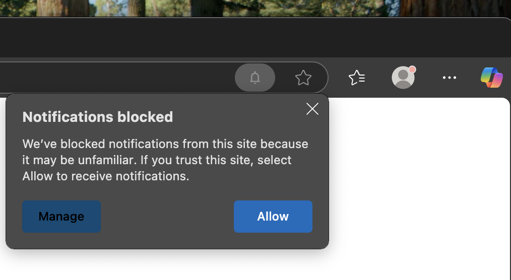Bell icon required for unfamiliar sites.