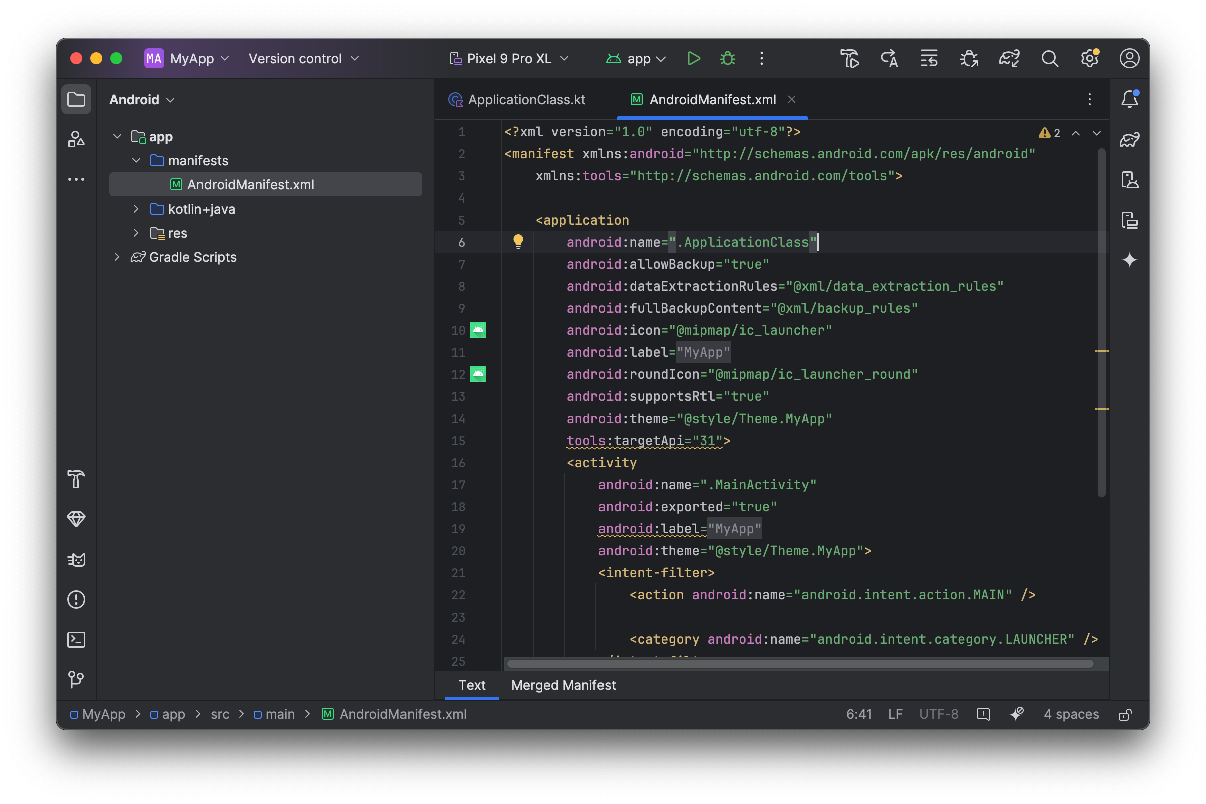 AndroidManifest.xml showing the create application class prompt