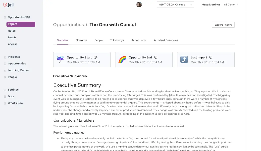 A screenshot of the Jeli web app UI showing an Opportunity's executive summary