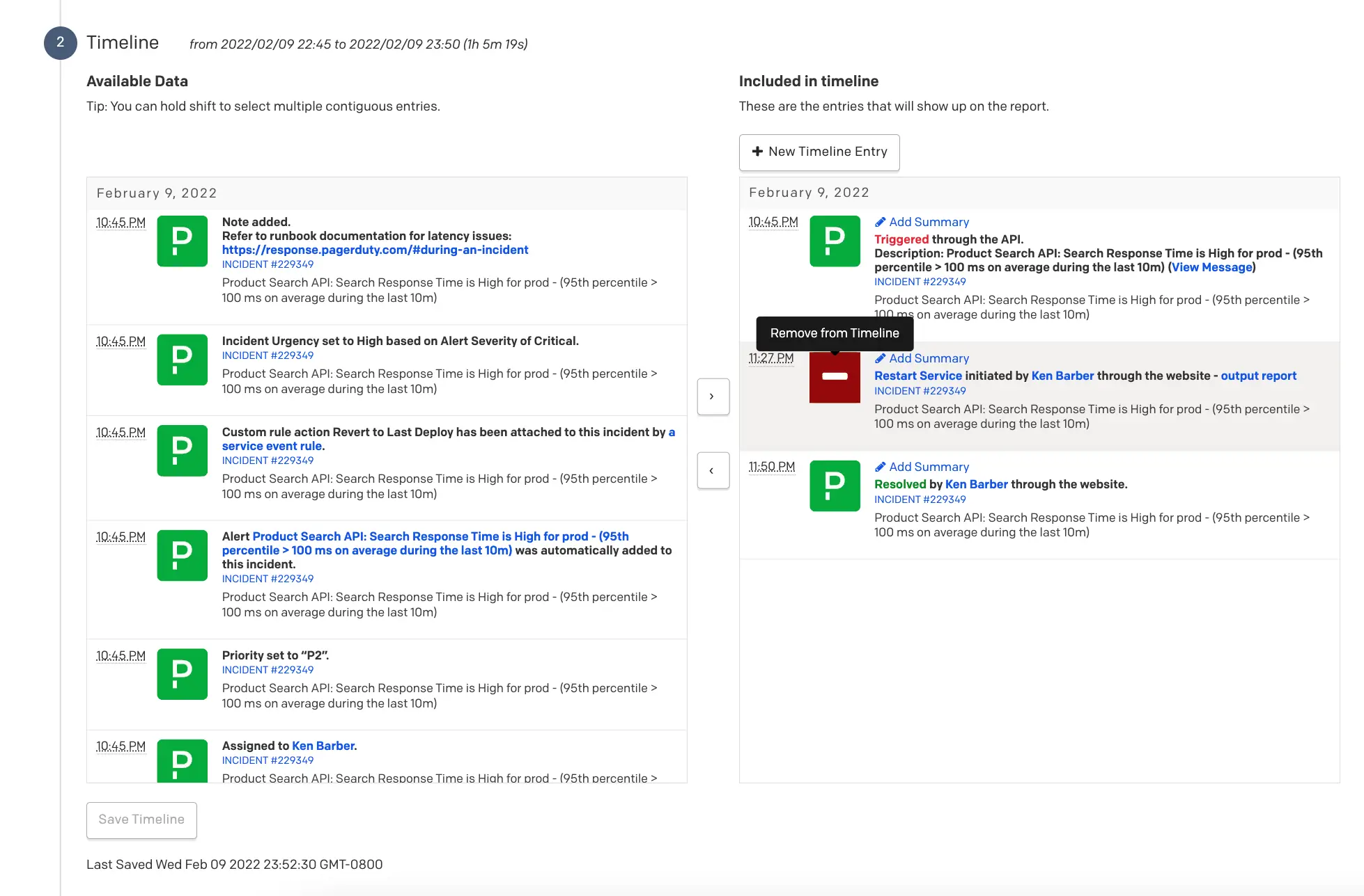 Remove from timeline A screenshot of the PagerDuty web app showing how to remove an event from a postmortem's timeline