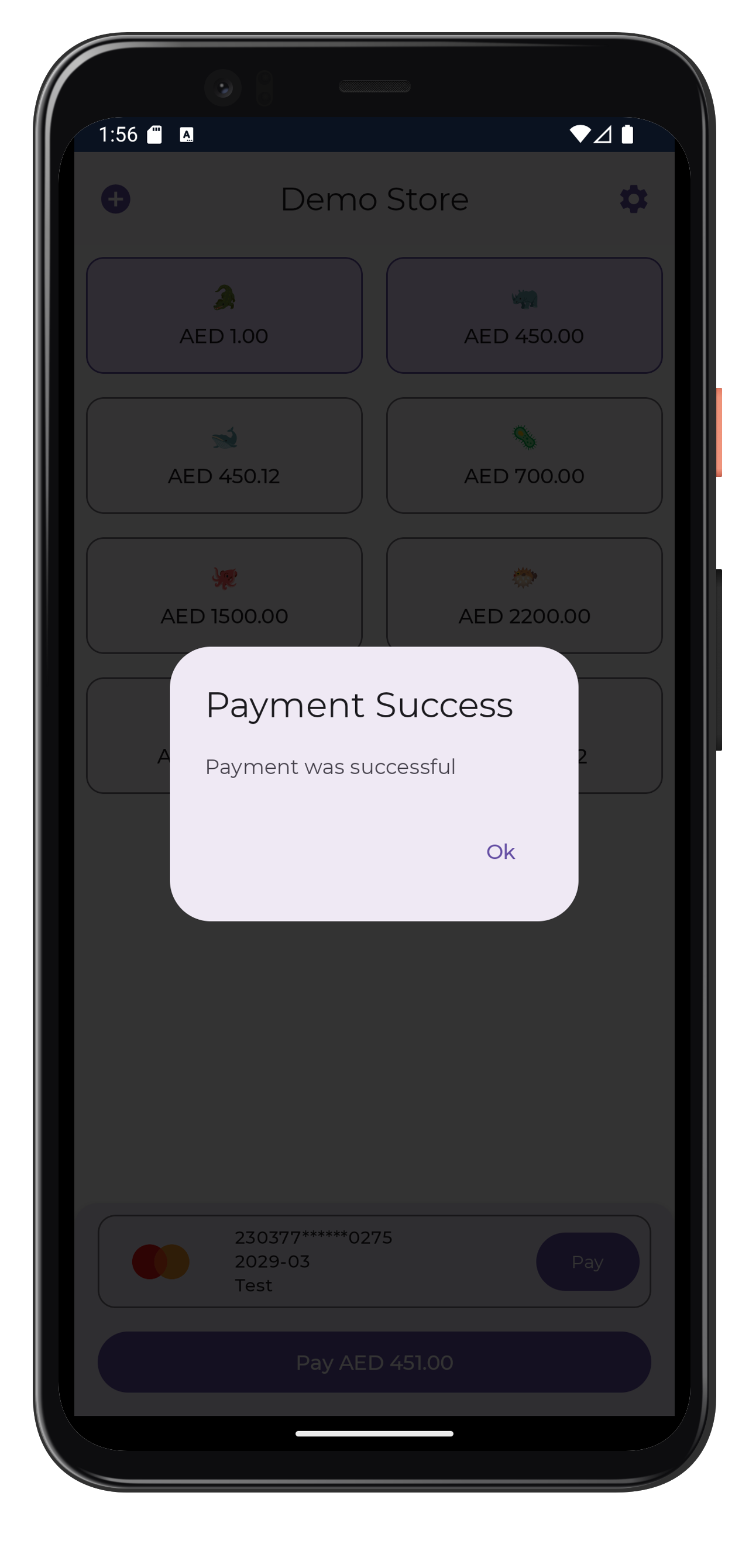 The payment success screen displays, showing the payment was a success. Congratulations.