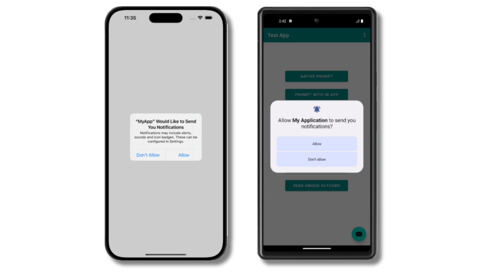An iOS device and an Android device showing the native push permission prompts