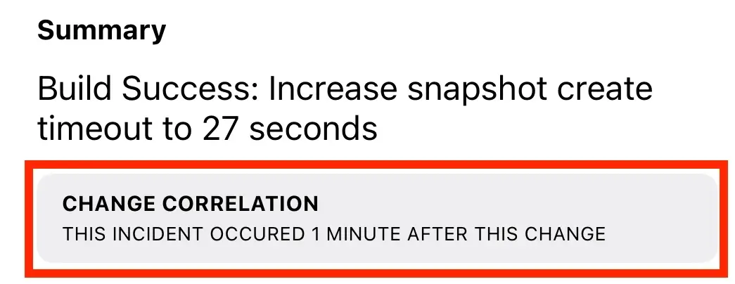 A screenshot of the PagerDuty mobile app showing a Change Correlation on an incident