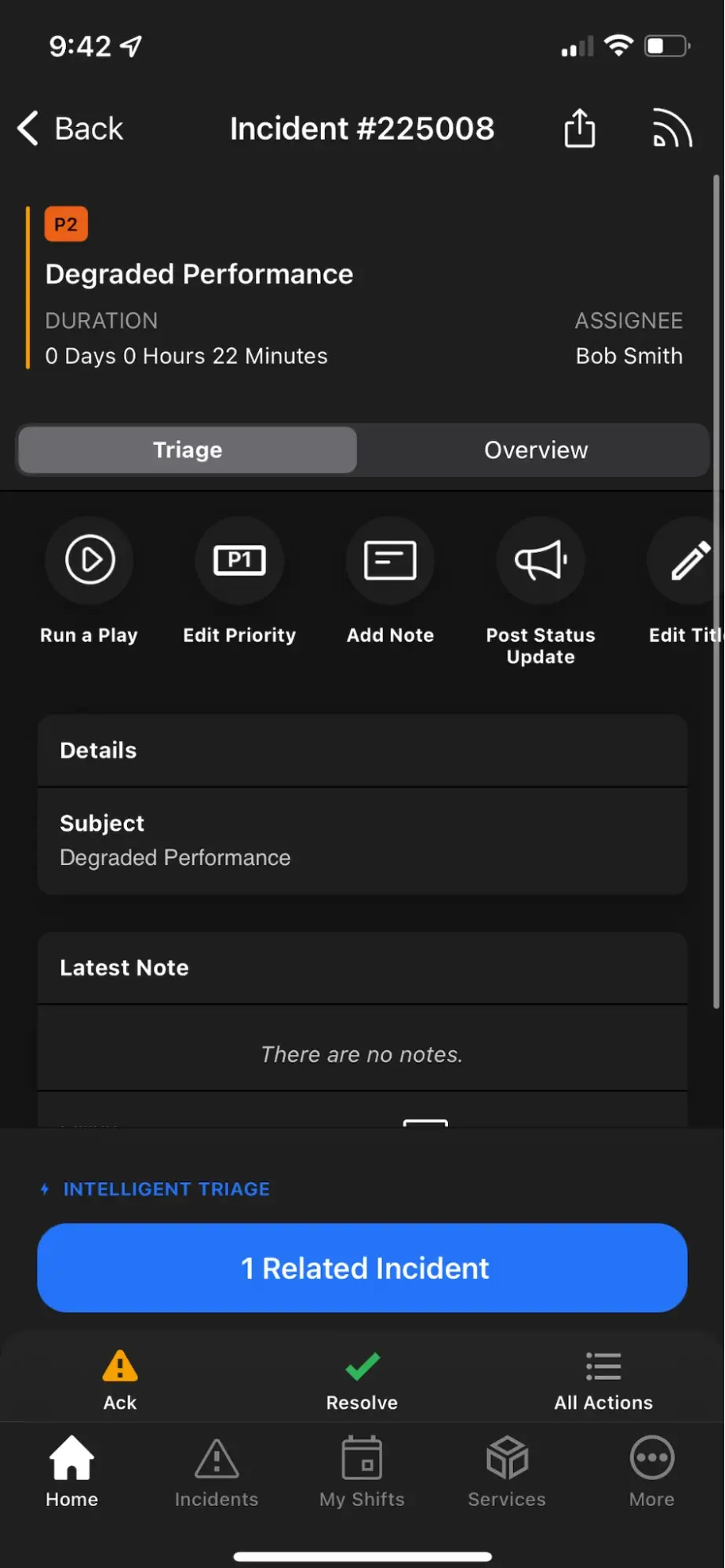 Related incidents A screenshot of the PagerDuty mobile app showing a button to reveal Related Incidents