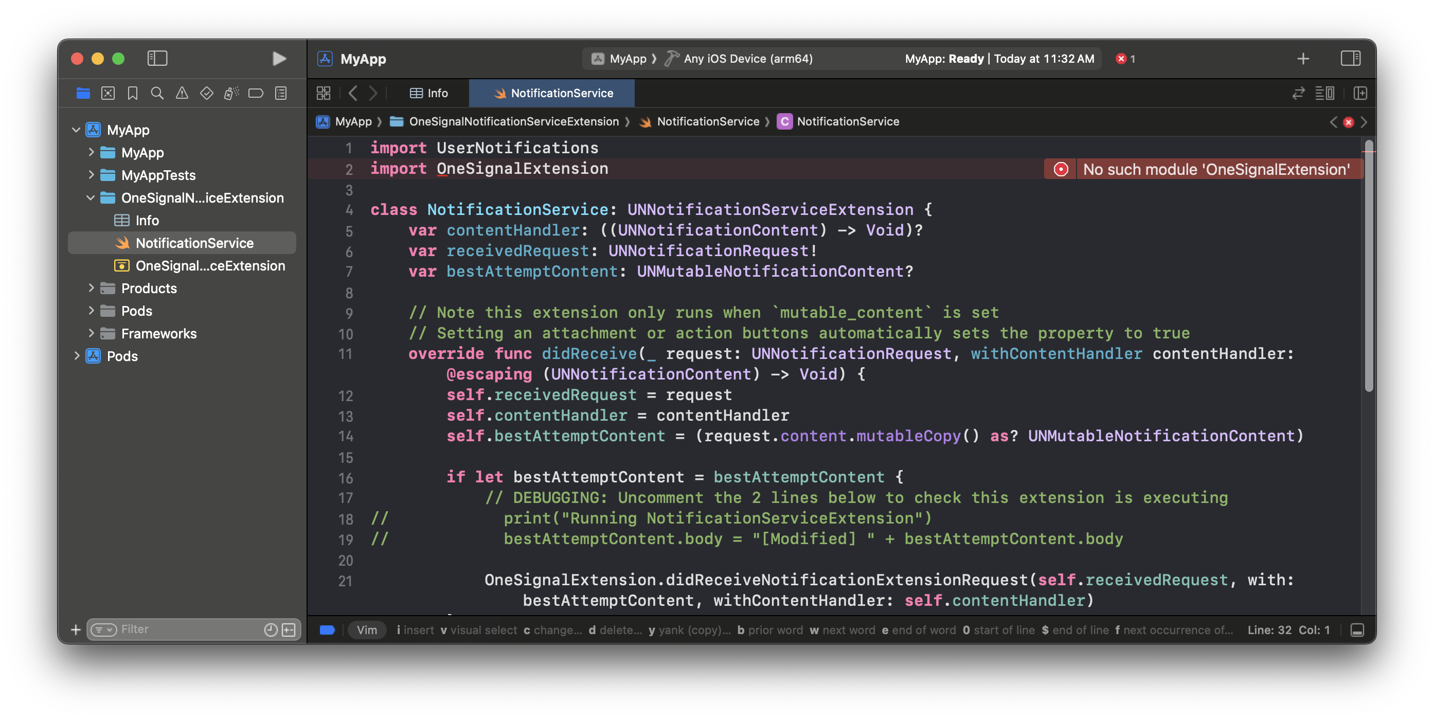 NotificationService.swift file with correct content showing module error due to lack of OneSignal package installed