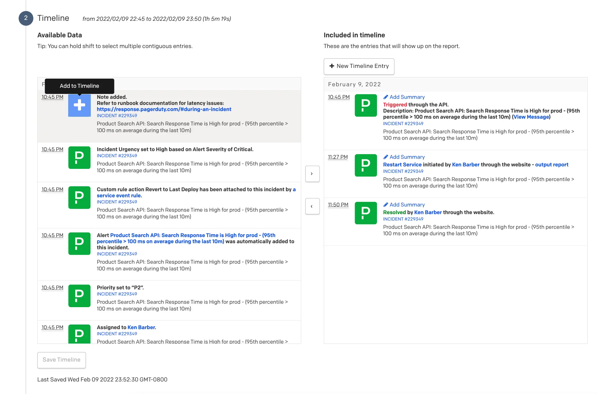 Add to timeline A screenshot of the PagerDuty web app showing how to add an event to a postmortem's timeline
