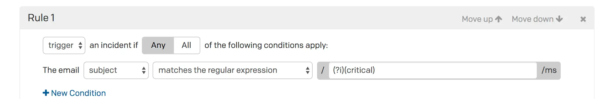 A screenshot of the PagerDuty UI showing how to make a case-insenstivie regular expression