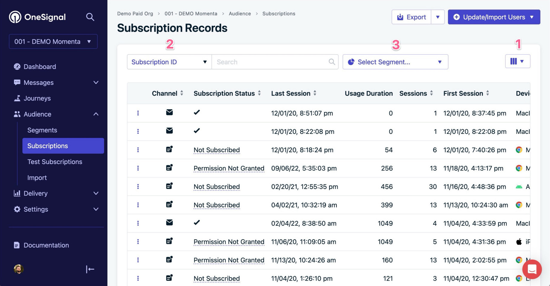 Subscription Records table