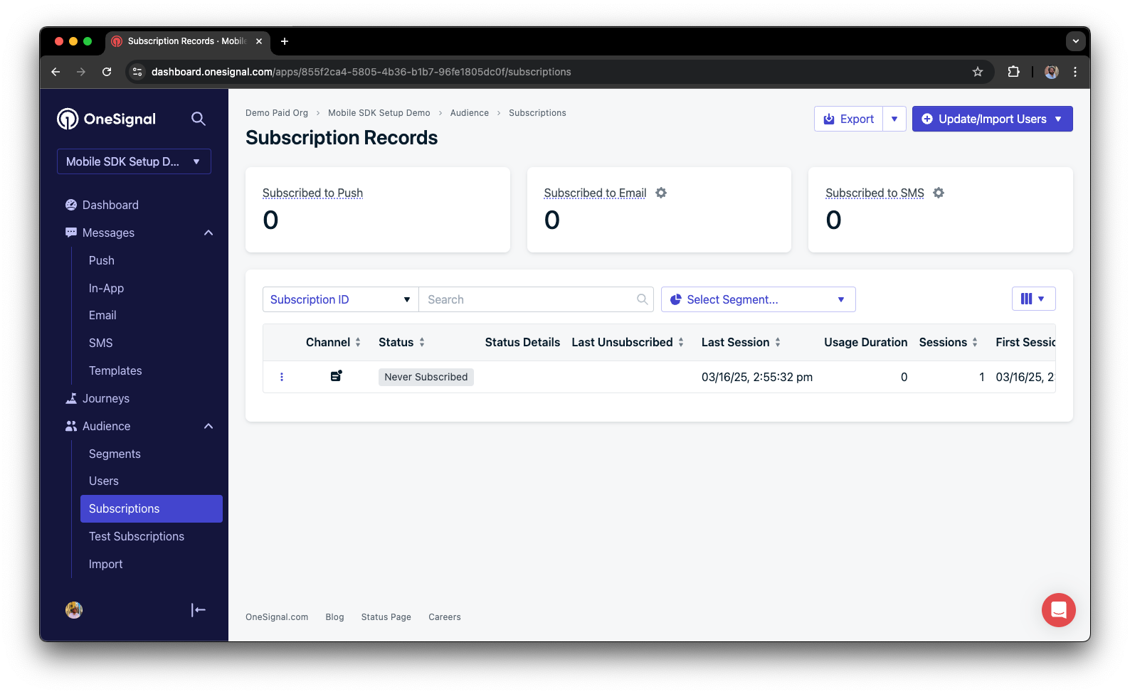 The Subscriptions page of the OneSignal dashboard showing a subscription with "Never Subscribed" status