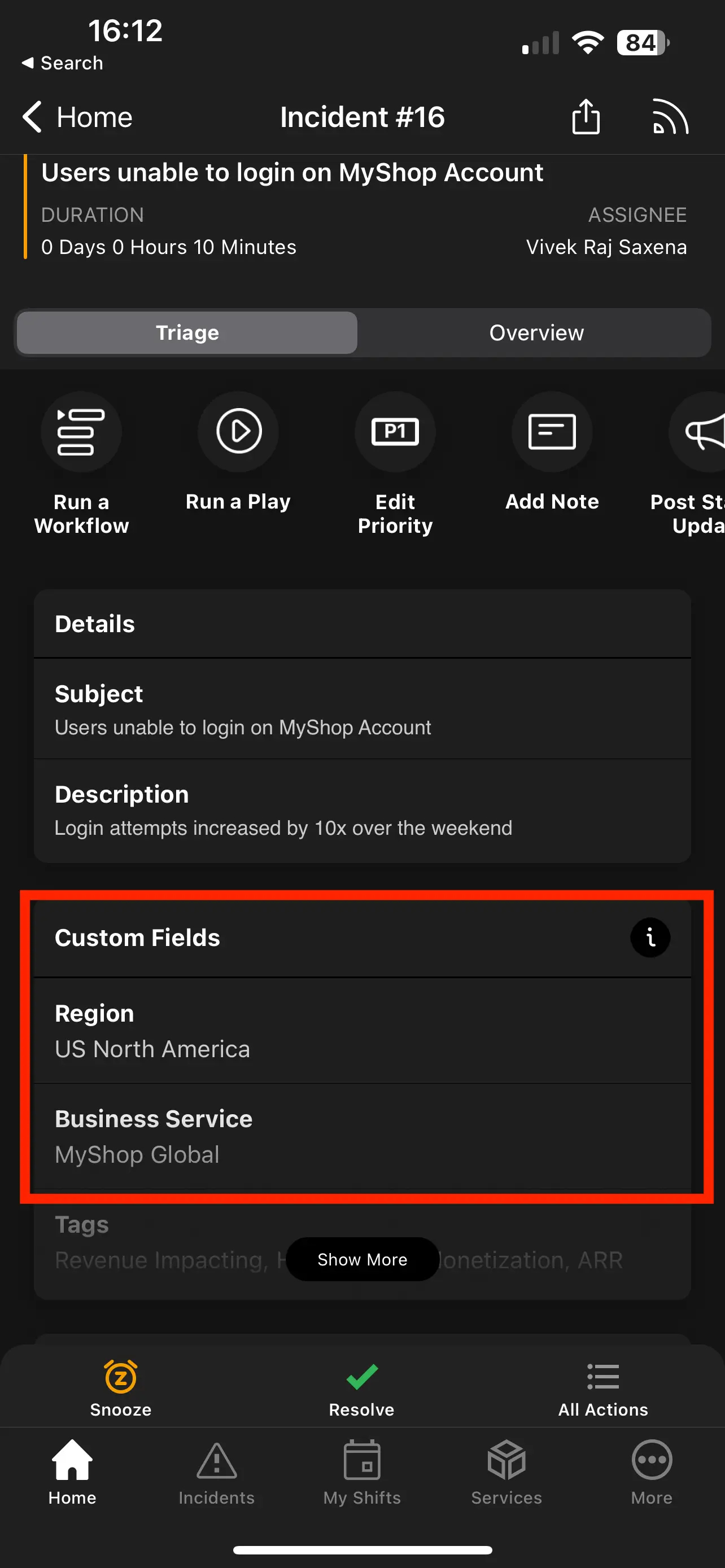 A screenshot of the PagerDuty mobile app showing custom fields on an incident